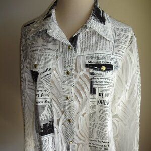 NWT New Womens White Adore Top Shirt L Sheer Black Newspaper Print